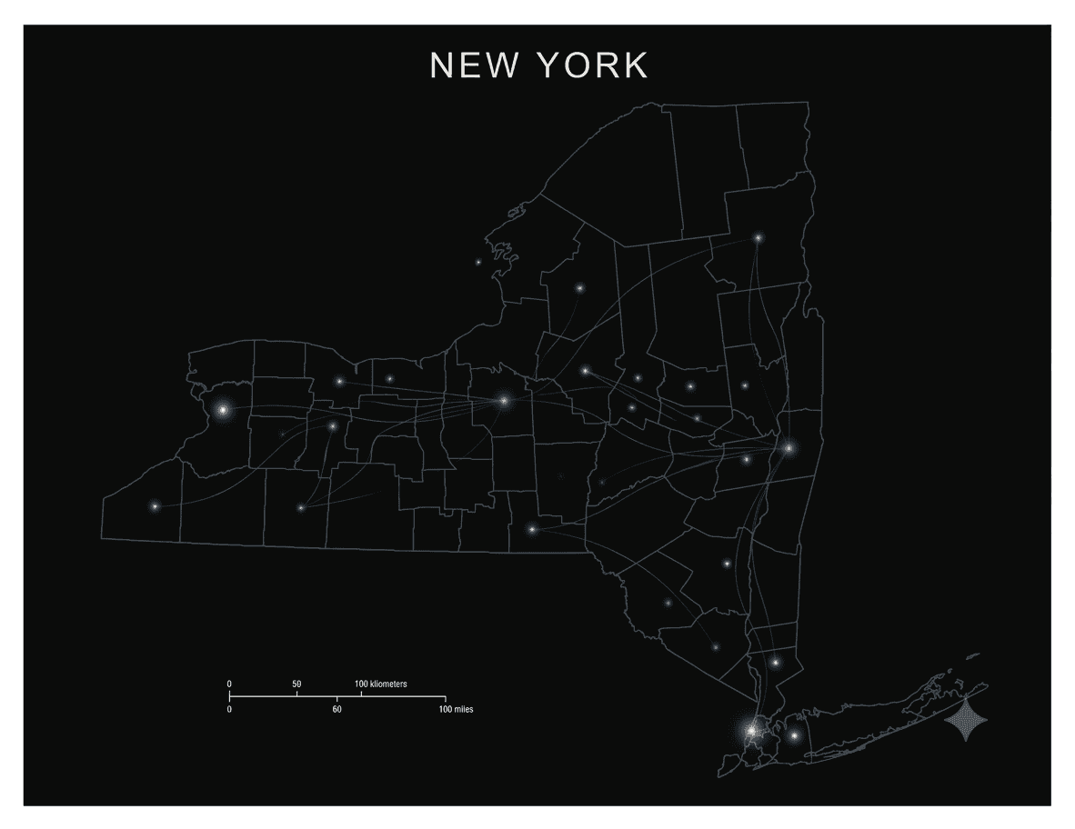 Map of New York State — PVT Systems is based in Granville, on the eastern border